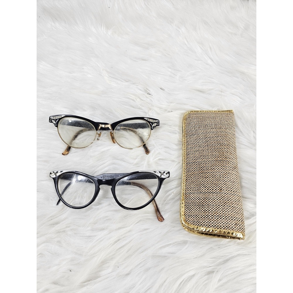 2 Pairs of Vintage Cat Eye Eyeglasses Art Craft Bifocal Lens Black Aluminum USA